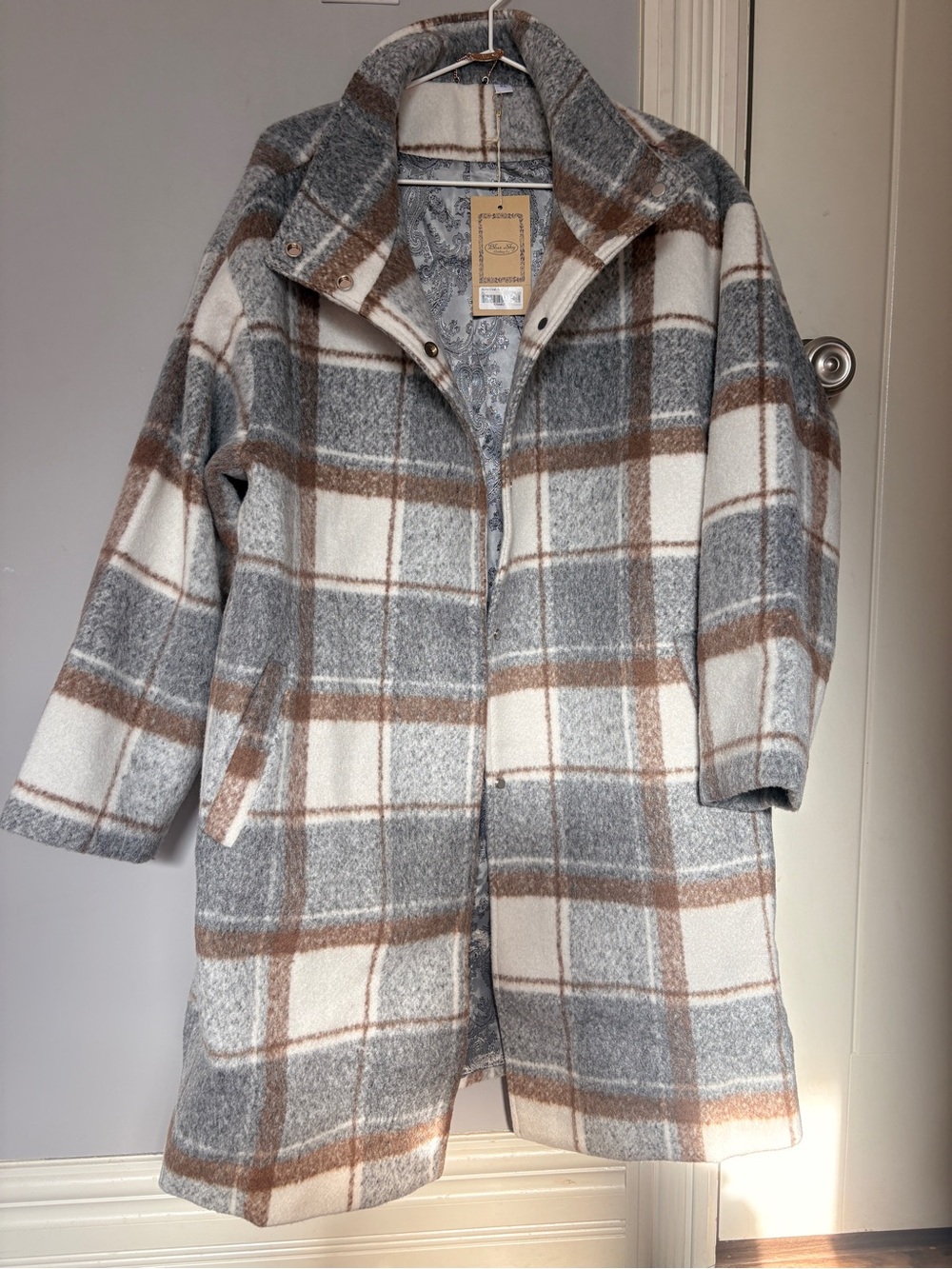 Blue Sky Plaid Trench Coat in Gray, Cream & Brown